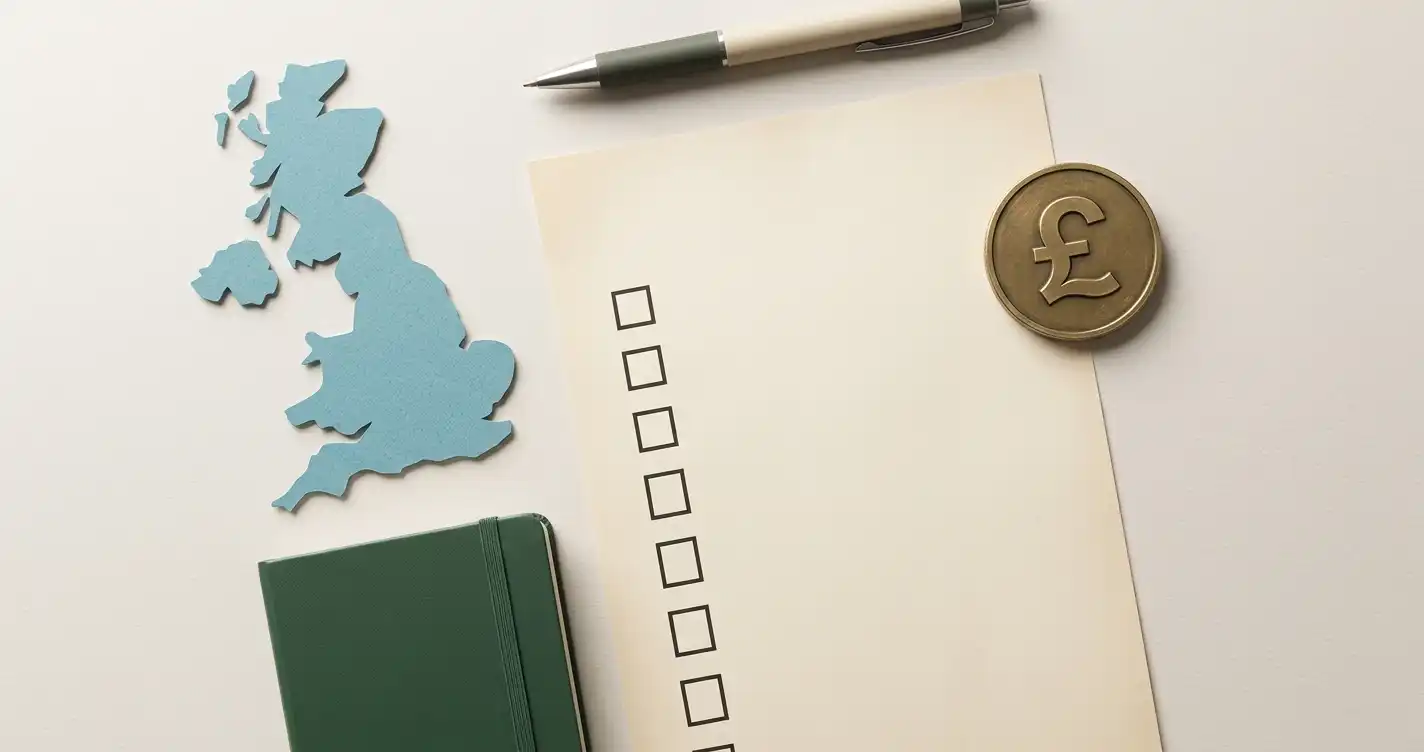 Neutral Diagram of a UK gambling verification checklist with a pound symbol