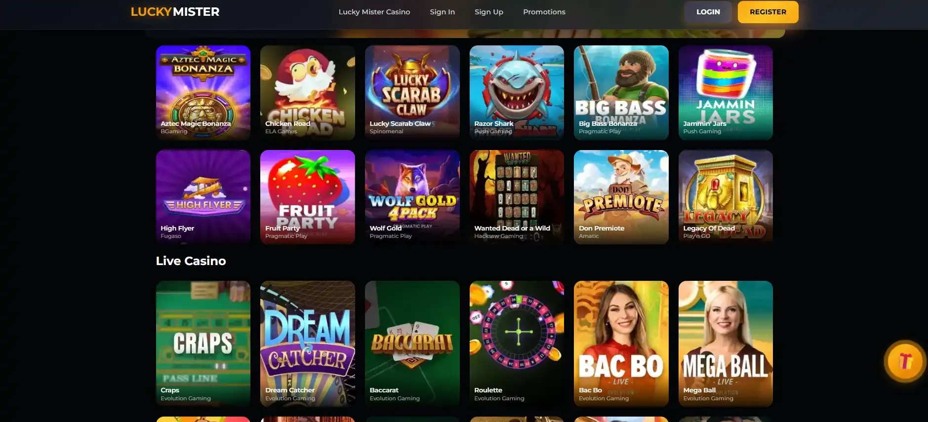 the Lucky Mister game lobby or live-casino section