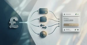 Illustration of a GBP deposit moving from several payment methods into an online casino balance
