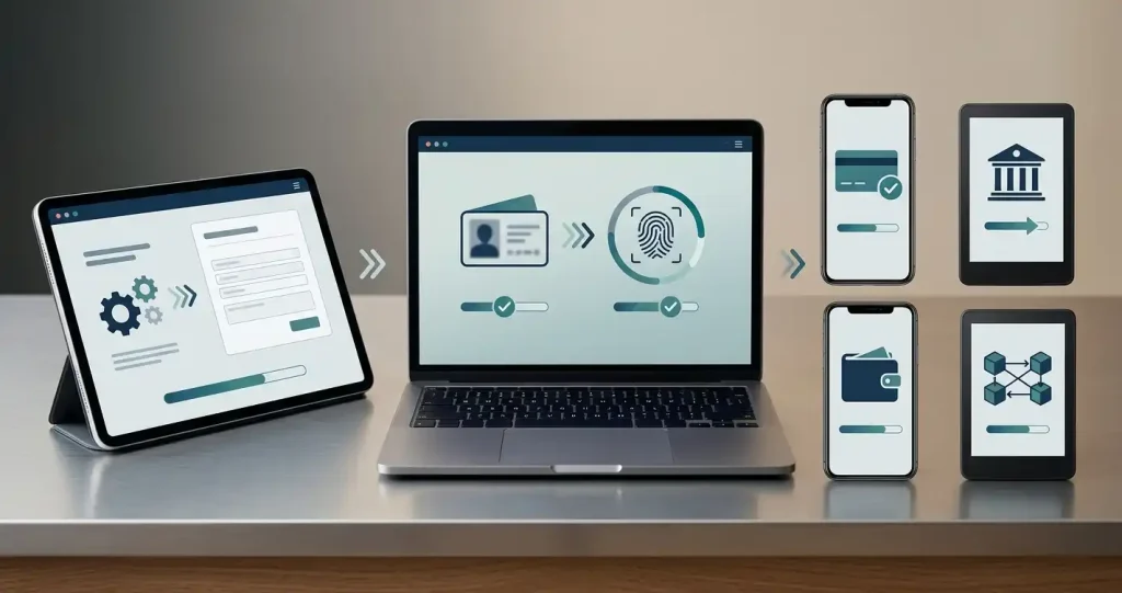 Illustration of an online casino withdrawal moving from request to verification and then to a payment method