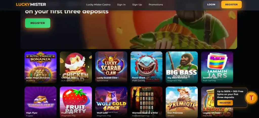 Lucky Mister game lobby showing casino categories and provider tiles