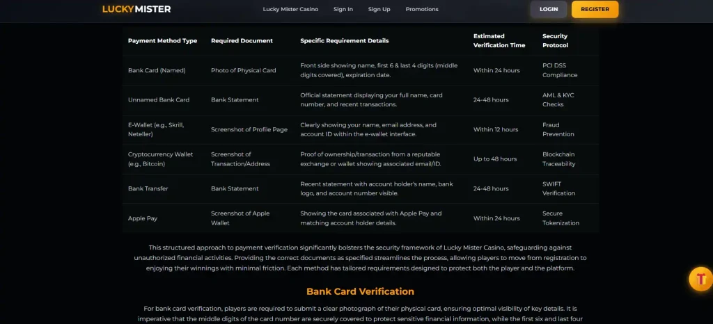 Lucky Mister KYC and payment verification information on the sign-up page
