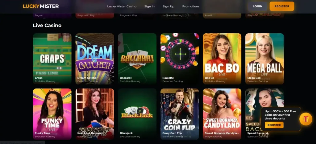 Lucky Mister live-casino lobby with visible table categories