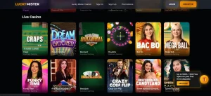 Lucky Mister live-casino lobby with visible table categories