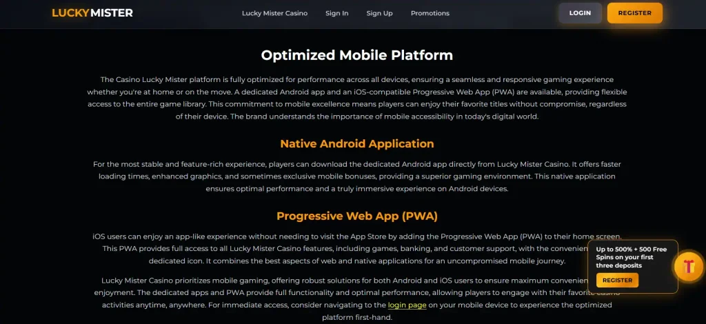 Lucky Mister mobile section showing its Android app and iOS PWA wording