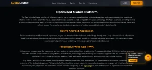 Lucky Mister mobile section showing its Android app and iOS PWA wording