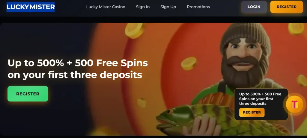 Lucky Mister welcome bonus page showing the three-deposit package