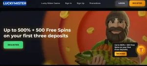 Lucky Mister welcome bonus page showing the three-deposit package